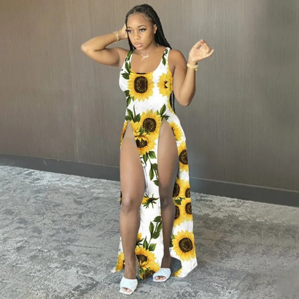9870S Sunflower Printed Split Beach Dress/Cover Up